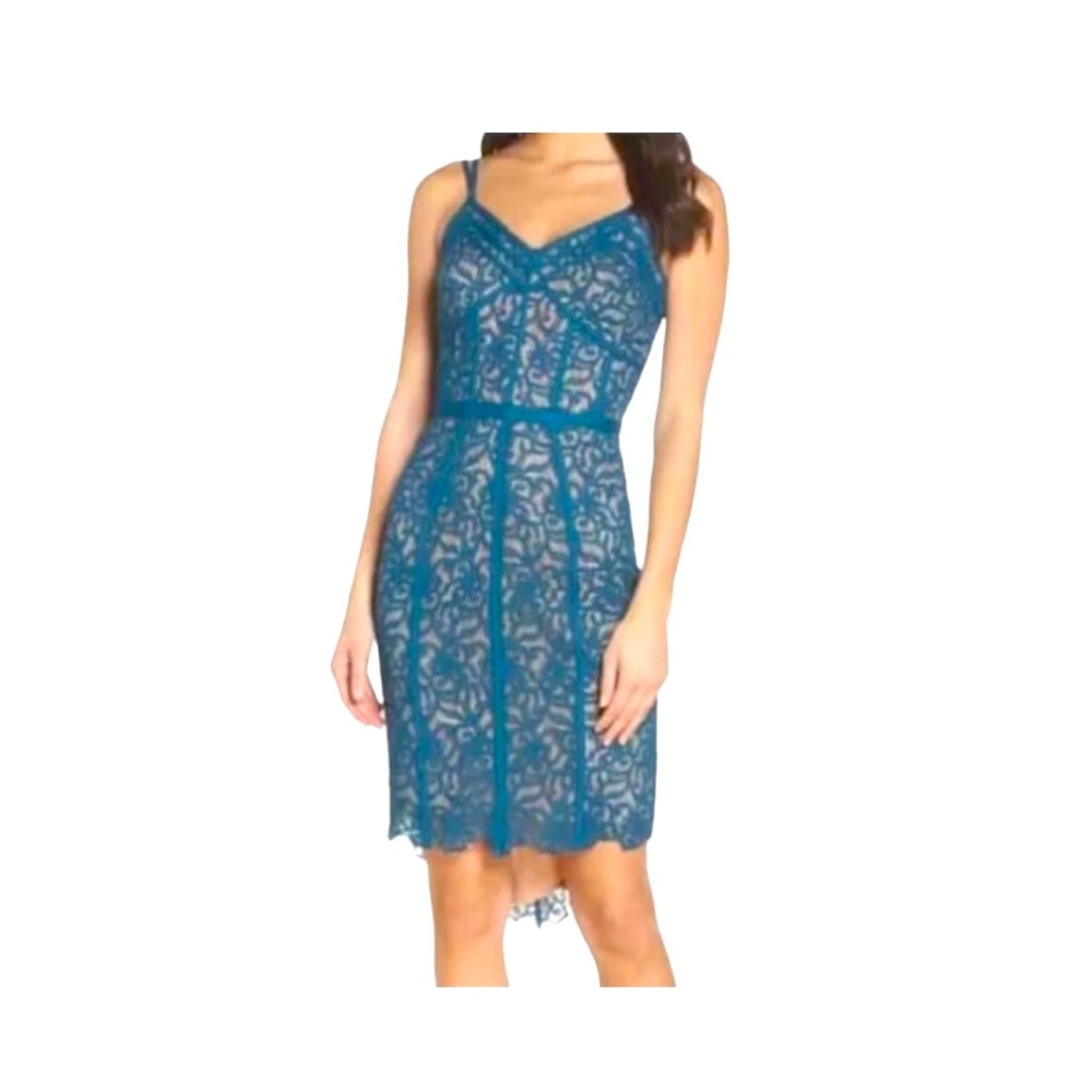 HARLYN x ANTHRO Teal Corset Bodycon Lace Midi Cocktail Dress Size XS